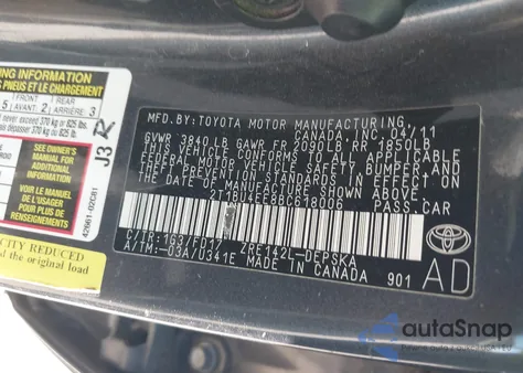 2011 Toyota Corolla S z USA, uszkodzony, nr VIN 2T1BU4EE8BC618006
